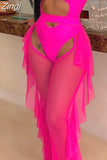 Sexy Women High Waist See Through Flared Leg Mesh Pants Bikini Cover Ups Ruffles Hollow Out Beach Long Pants