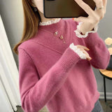 Half-High Collar Sweater In Autumn And Winter 2025 Women Loose Outer Wear Lace Stitched Knitted Bottom Shirt