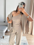 Lazy Knitted Casual Sweater Gray Camel Two-Color High-End One-Shoulder Vest With Wide-Legged