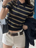 Lesier Striped Knitted Short-Sleeved T-Shirt Niche Gentle High Wisdom To Reduce The Sense Of POLO Collar Blouse Woman
