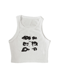 Funny Face Print Cropped Tank Top- Outfit