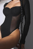 Mesh Patchwork Bodysuits Top Women 2023 Sexy Long Sleeve See Through Slim Fit Jumpsuit Black Low Cut Rompers