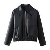Women's ZA Autumn And Winter New Street Fashion Collar Long-Sleeved Leather Jacket