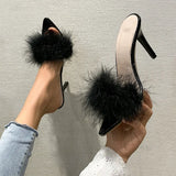 Large-Size Tips High-Heesed Slippers Female Fine And Fashion Hairy Toe Fashion Cool Drag High