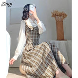 Women Autumn New Arrival Plaid Vintage French Style Fake Two Pieces Vestidos De Mujer All-match College Tender