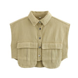 Women's Solid Color Big Pocket Sleeveless High Sense Cardigan Polo Collared Shirt Denim Top