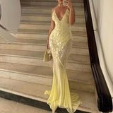 Women's V-Neck Sexy Suspension Slings Lown Repairs Beads Fishtail Dress