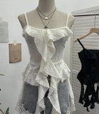 Wasteland To Make Old Hole Slings Vest Irregular Lotus Side Ribbon Short Sleeveless Top