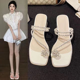 Shoes Women 2025 Summer New Word With Water Drill Clip Sandals Square Head Transparent Thick Heel Wearing Cold