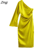 Women Sexy Single Shoulder Asymmetrical Midi Dress Female Chic Flare Sleeve Side Zipper Pleat Casual Split Vestido
