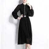 High-End Elegant Dress Spring New Fashion Metal Buckle Waist Thin Lantern Sleeve Chiffon Long