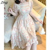 Floral Print Dress Women Lace Boho Kawaii Party Dress Female Casual Korean Fashion Holiday Lolita Elegant Midi Dress