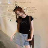 Zingj Summer Hot Girls Short Sleeve T-Shirt Women's Crop Black Bow Hot Diamond Slim Short Top