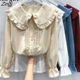 Sweet Peter Pan Collar Blouse Women Korean Preppy Style Puff Sleeve White Shirts Office Lady Elegant Design Button