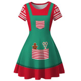 Dress Women Casual Elegant Print Red Xmas Party Dress Vintage Retro O-neck Short Sleeve A-Line Vestidos Robe