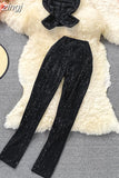Women Black/White Diamonds Two Piece Set Party Slash Neck Off Shoulder Camis Tops + High Waist Pants Female Suit Autumn