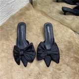 Spring Pointed Toe Stiletto Heel Kitten Heels Bow Heel-Free Slippers for