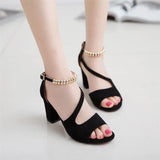 New Word With Roman Coarse Sandals Female Korean Version Of Casual High-Heeled Shoes Beaded Fish Mouth Women Sandals Large