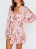 Women Spring V Neck Chiffon Print Dress Self-tie Knot Front Ruffles Leopard Dress Female Sexy Short A Line Party