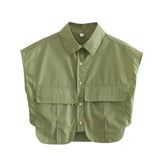 Color Y2K Women's Big Pocket Splicing Irregular Cardigan Polo Collar Shirt Top