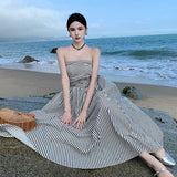 Zingj One-Line Neck, Pleated, High-Waist A-Line Dress, Black And White Striped Strapless Holiday