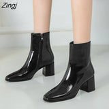 Autumn Women Fashion Square High Heels Zapatos De Mujer White Patent Leather Shoes Ankle Boots Black Woman