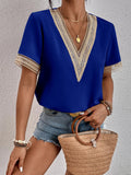 Women's Dress V-Neck Lace Loose Top Commuter Short-Sleeved Shirt Women Splicing