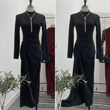 Design Sexy High Open Fork Folded Small Squint Dress Half-High Collared Shoulder Dress