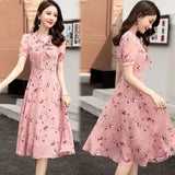 Sleeve Dress Women Summer Floral Printed Bow Pink Mid-calf Hot Sale 4XL Elegant Sweet Fresh Leisure Ladies Preppy