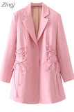 Quality Women Blazer Jacket Autumn Drawstring Casual Elegant Blazers Jacket Long Sleeve Outerwear Chic Coat Tops