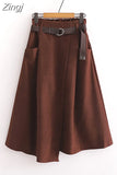 Women Casual Skirts 2023 Spring And Autumn Solid High Waist Irregular Pockets Midi Skirts Fashion Simple Elegant Saia