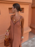 Women Elegant Button Decor Ruffle Adjustable Strap Dress Sexy Deep V Neck Backless Long Dreses 2024 Summer Lady Chic Party