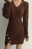 Button Dress for Women Korean Fashion Casual Slim V-Neck Solid Long Sleeve Knitting Mini Dresses Autumn Winter