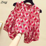 Off Shoulder Women Blouse Spring Summer Short Sleeve OL Chiffon Shirt Streetwear Vintage Print Hollow Out Top Mujer De
