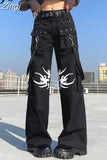Streetwear Grunge Gothic Punk Cargo Pants Women Print Strap Eyelet Oversized Baggy Trousers Dark Academia Flare