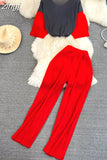 Vintage Women Draped Two Piece Set Blue/Red/Yellow Patchwork O-Neck Short Tops + High Waist Pleated Pant Suits Female