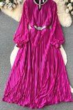 Autumn Women Satin Pleated Party Dress Vintage Diamonds Patchwork Hollow Out Lantern Sleeve Draped Elegant Robe