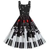 Music Note Print Women Party Dress Summer Spaghetti Strap Black Slim Vintage A-line Robe Valentine's