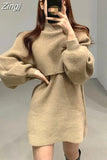 Casual O-Neck Knitwear Dress Female Loose Two Piece Set Thick Warm Lantern Sleeve Knitted Pullover Women Sweaters