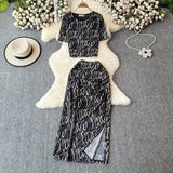 New Fashion Fashion Print Loose Short-Sleeved Top High Waist Open Elegant Commuter Skirt