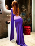 Purple Satin Halter Neck 3D Flower Design Backless Maxi Dress- Outfit