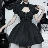 Autumn New Polo Collar Bubble Sleeve Blouse Cornflower Ribbon Slim Suspender Dress