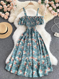Sexy Slash Neck Spaghetti Strap Midi Dress Women Casual Off Shoulder Short Sleeve Vacation Beach Robe Female