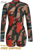 Fashion Multi Print Zip Up Workout Romper Plus Size Sexy Mesh Playsuit Long Sleeve Short Jumpsuit Women Party Club