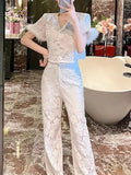Temperament Famous Lady Light Luxury Two Sets Of 2025 Autumn And Winter New Embroidery Flowers Ostriches Hair High Waist Broad Leg Trousers Set