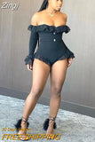 Sexy Solid Ruffle Slash Neck Jumpsuit Women Flare Long Sleeve Top Shorts Swimsuit New Mesh Patchwork Outfits For