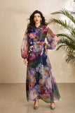 Court-Print Bubble-Sleeved Dress Women's Autumn Strap-In Belt Design Super Fairy Long Dress
