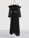 French Elegant Wind Shoulder Dress Dress 2025 New Splicing Three-Dimensional Flowers Decorated Long Dress