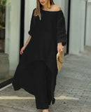 New Women's Cotton And Cotton Fashion Casual Large Code Irregular Long-Sleeved Set Of Wide Leg Pants Two