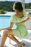 2022 Hollow Out Bodycon Frock Puff Sleeve Cute Mini Summer Green Sexy V Neck Elegant Party Dresses Club Pleated